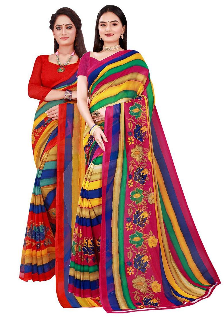 Green Embroidered Georgette Saree Set (Set Of 2)