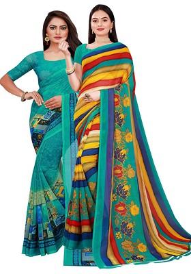 Turquoise Blue Embroidered Georgette Saree Set