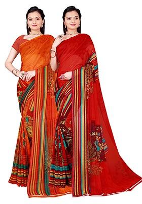 Orange Floral Georgette Saree Set (Set Of 2)