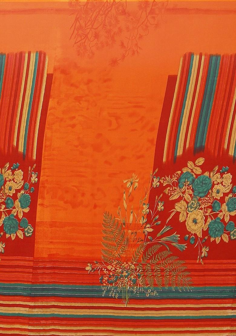 Orange Floral Georgette Saree Set (Set Of 2)