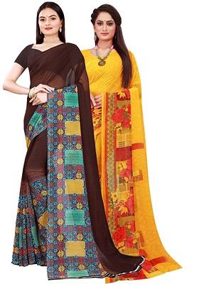 Brown Floral Georgette Saree Set (Set Of 2)