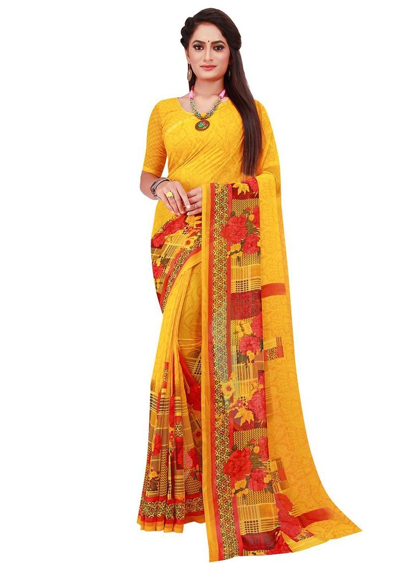 Brown Floral Georgette Saree Set (Set Of 2)
