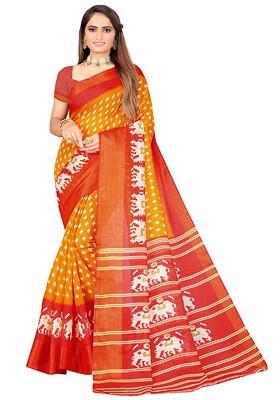 Orange Printed Art Silk Saree Set