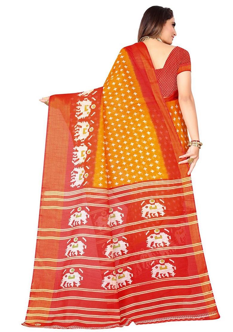 Orange Printed Art Silk Saree Set