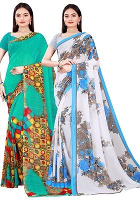 White Embroidered Georgette Saree Set (Set Of 2)