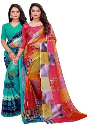 Turquoise Blue Embroidered Georgette Saree Set (Set Of 2)