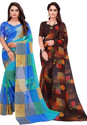 Blue Printed Georgette Saree Set