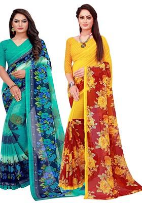 Turquoise Blue Embroidered Poly Blend Saree Set