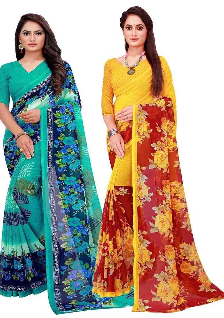 Turquoise Blue Embroidered Poly Blend Saree Set