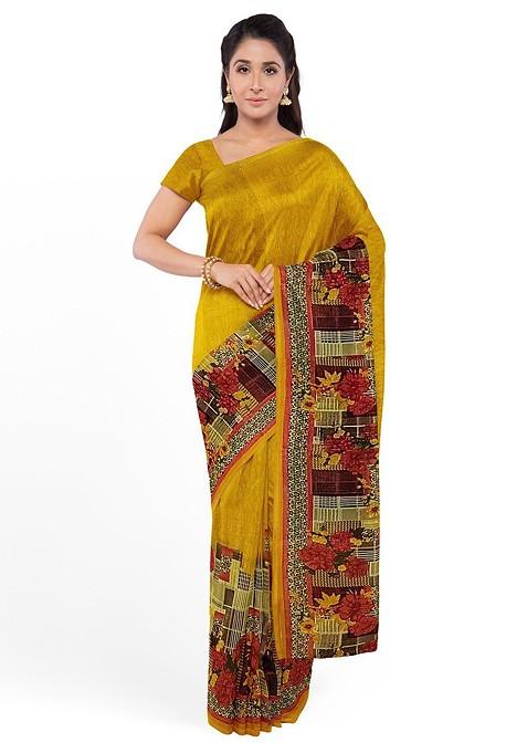 Yellow Floral Georgette Saree Set