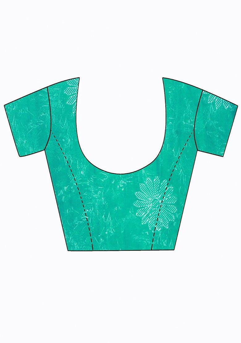 Turquoise Blue Embroidered Poly Blend Saree Set