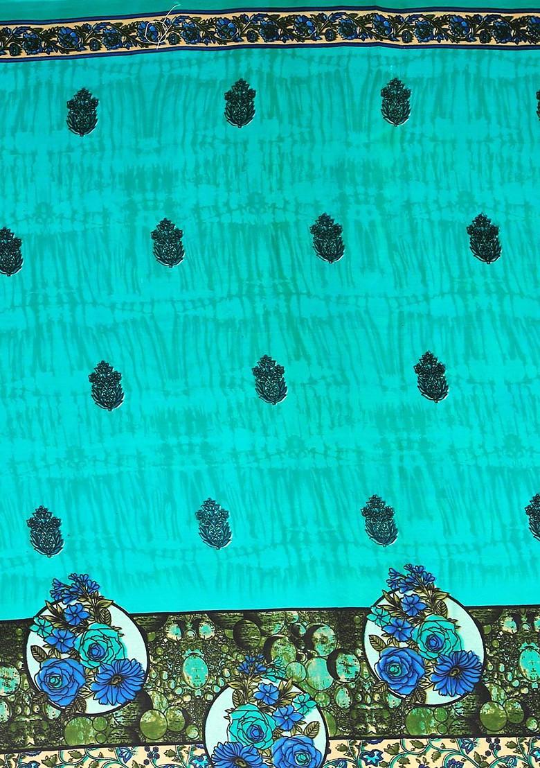 Turquoise Blue Embroidered Poly Blend Saree Set