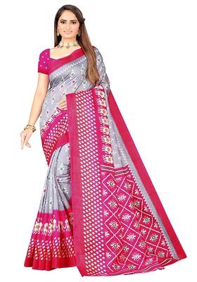 Grey Printed Art Silk Saree Set