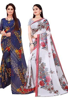 Navy Blue Floral Georgette Saree Set (Set Of 2)
