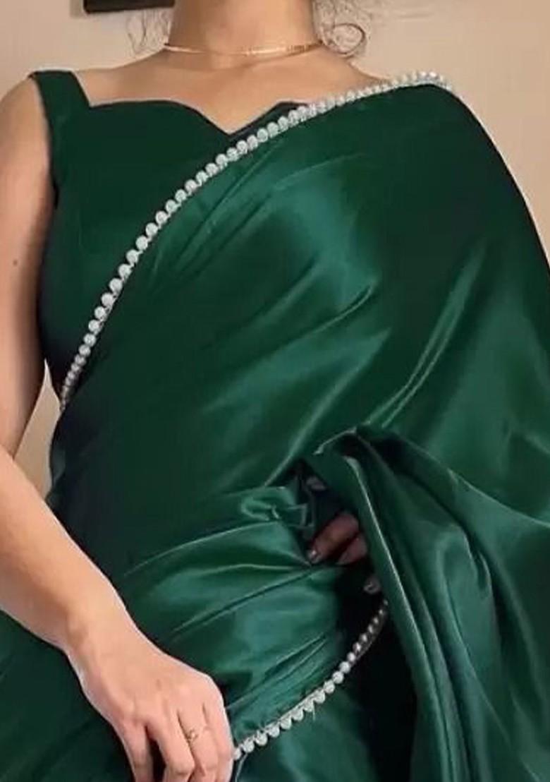 Lime Green Embellished Satin Saree Set