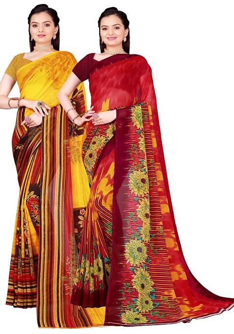 Yellow Floral Georgette Saree Set (Set Of 2)