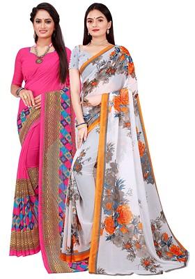 Pink Printed Georgette Saree Set (Set Of 2)