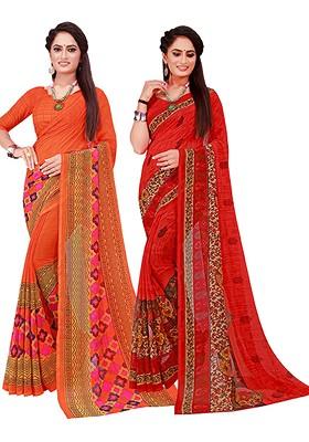 Orange Floral Georgette Saree Set (Set Of 2)