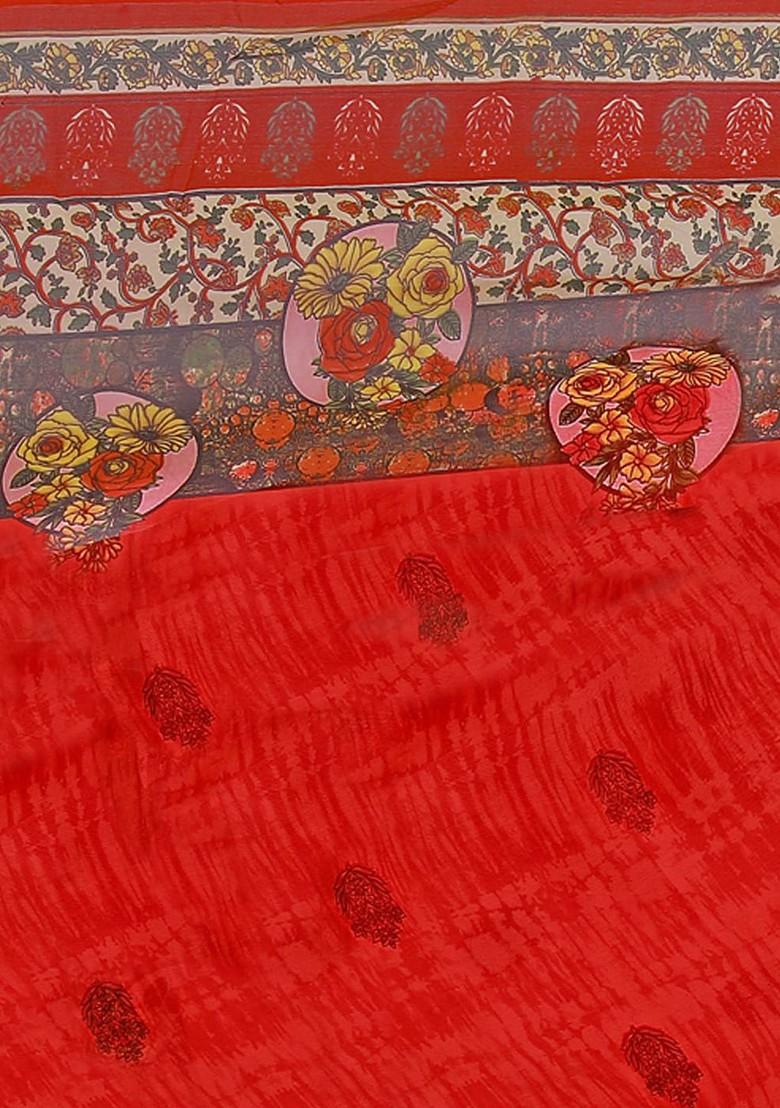 Orange Floral Georgette Saree Set (Set Of 2)