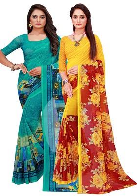 Turquoise Blue Embroidered Poly Blend Saree Set