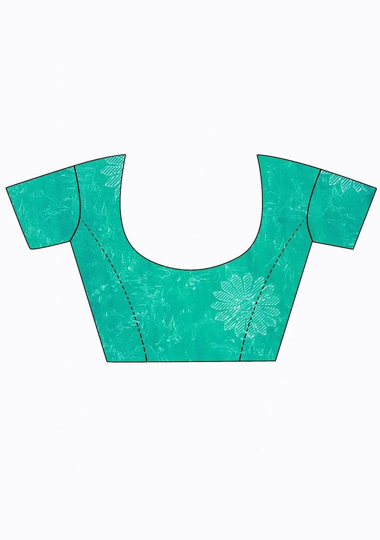 Turquoise Blue Embroidered Poly Blend Saree Set