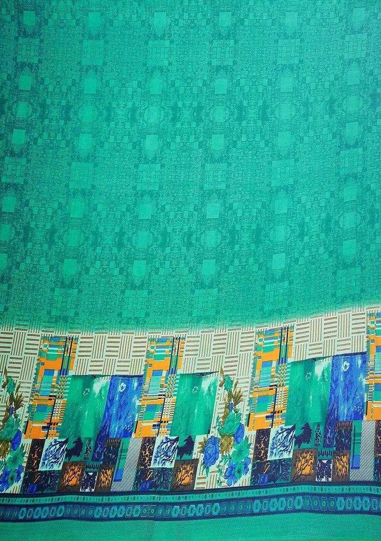 Turquoise Blue Embroidered Poly Blend Saree Set