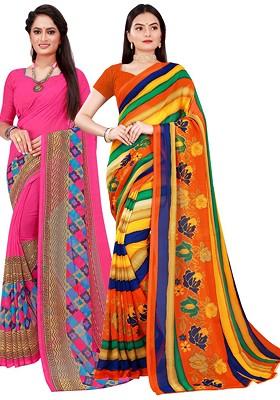 Pink Printed Georgette Saree Set (Set Of 2)
