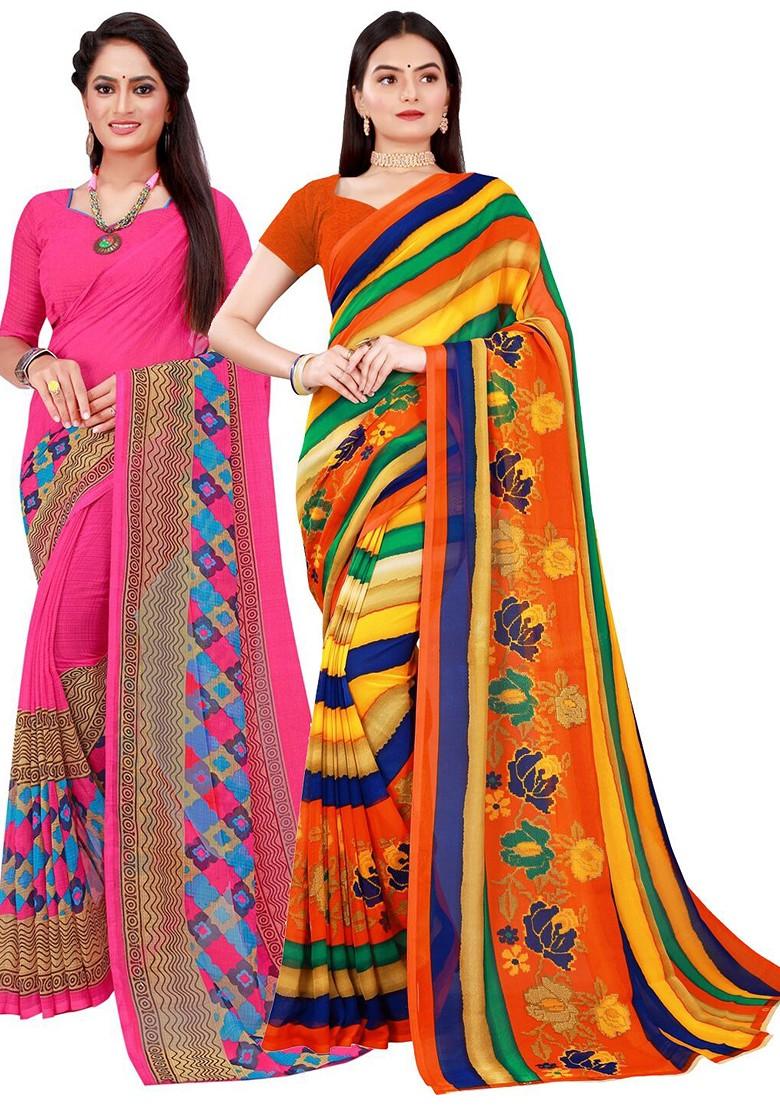 Pink Printed Georgette Saree Set (Set Of 2)