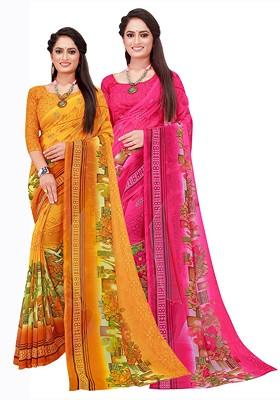 Yellow Geometric Print Georgette Saree Set (Set Of 2)