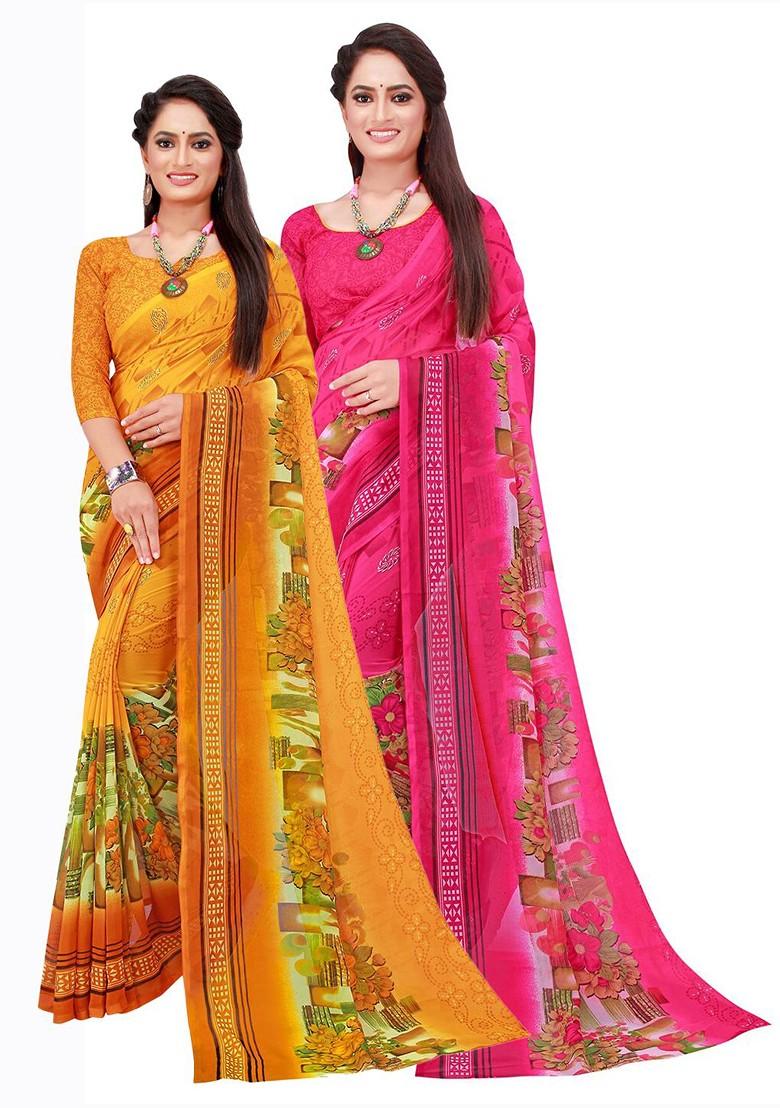 Yellow Geometric Print Georgette Saree Set (Set Of 2)