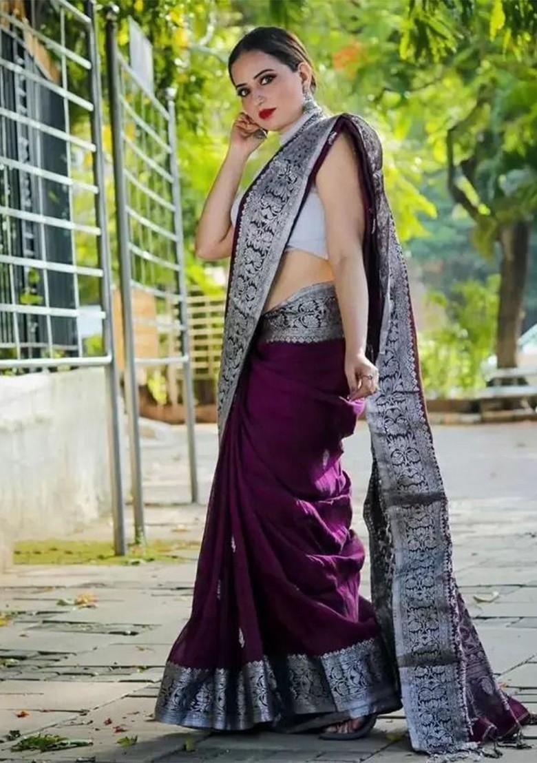 Burgundy woven Silk Saree Set