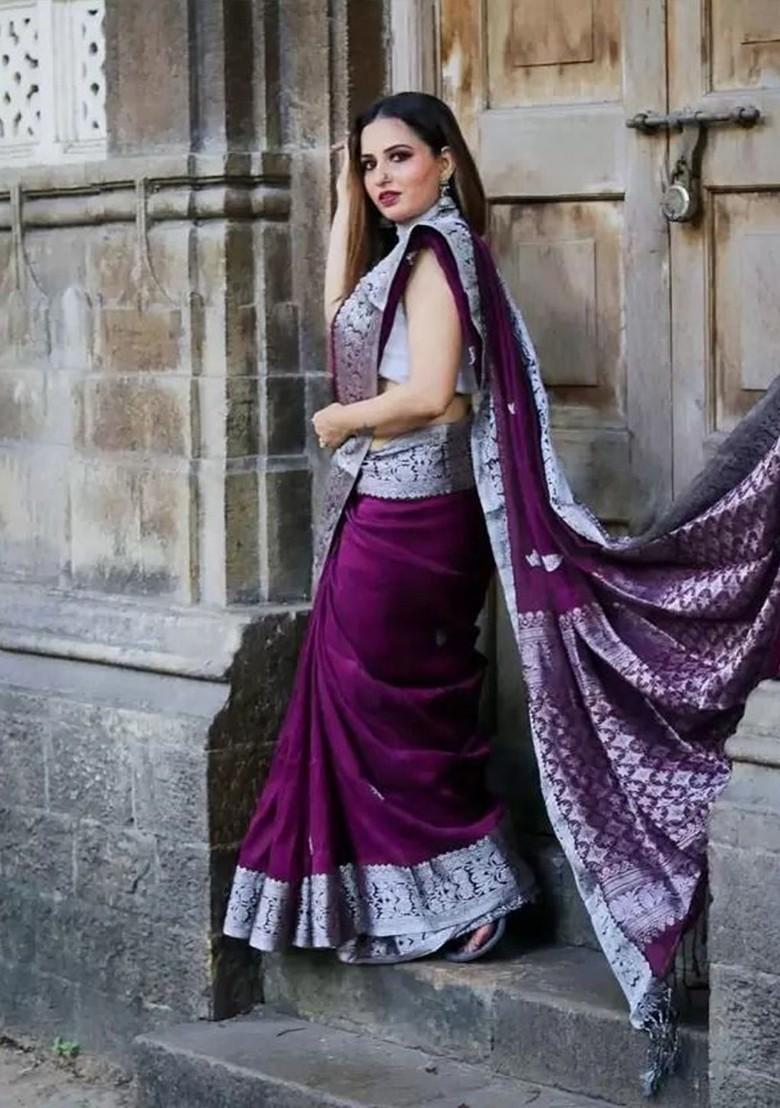 Burgundy woven Silk Saree Set