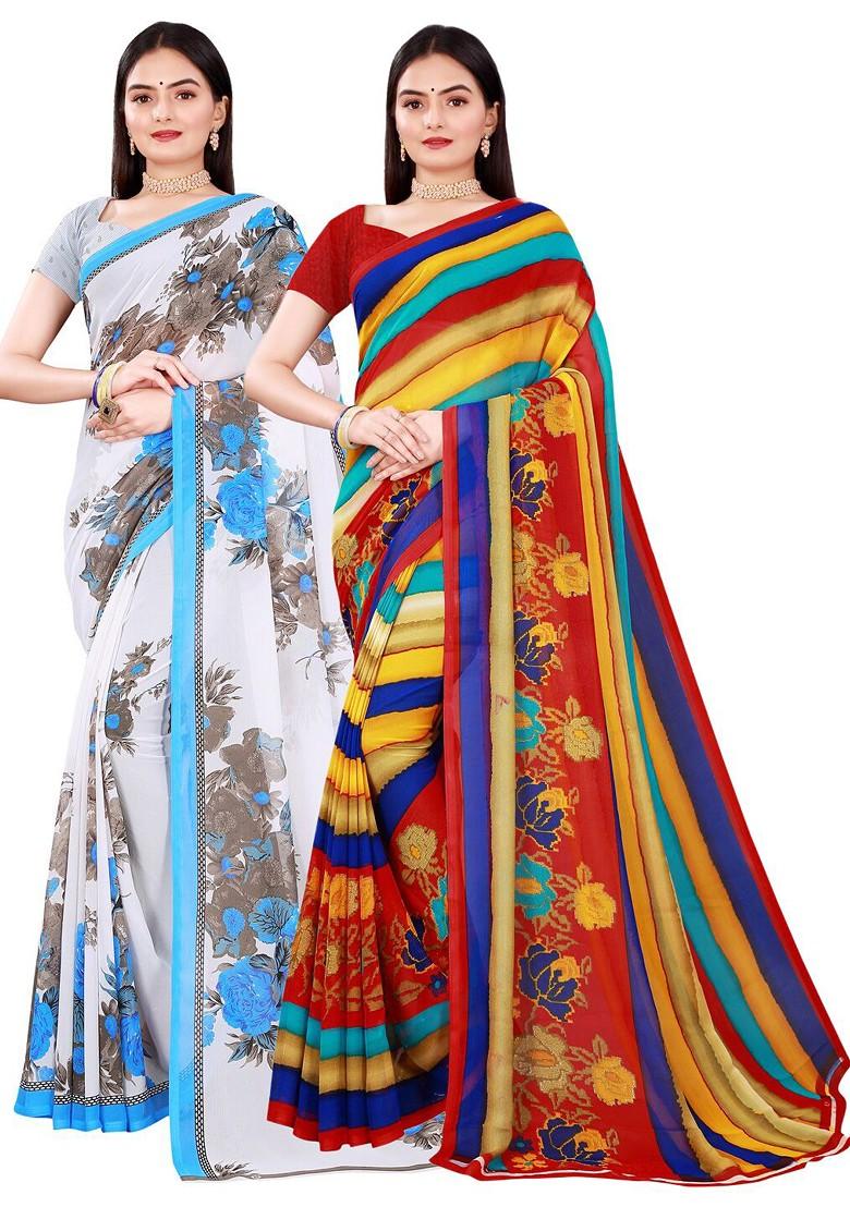 White Floral Georgette Saree Set (Set Of 2)