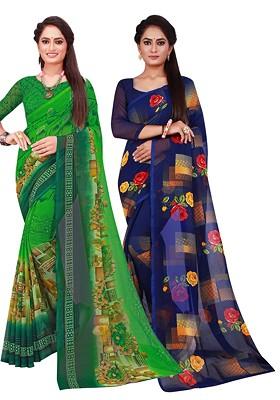 Green Embroidered Georgette Saree Set (Set Of 2)