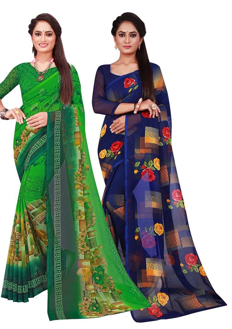 Green Embroidered Georgette Saree Set (Set Of 2)