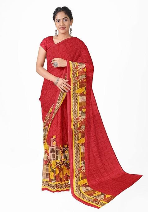 Red Floral Georgette Saree Set