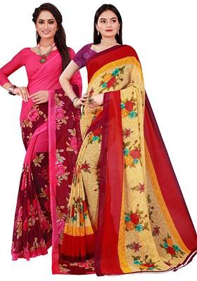 Beige Embroidered Georgette Saree Set (Set Of 2)