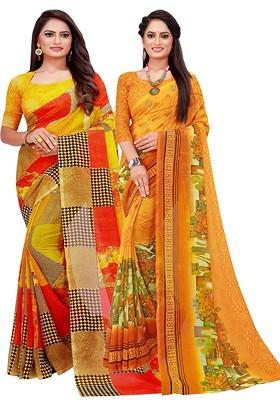 Yellow Geometric Print Georgette Saree Set (Set Of 2)