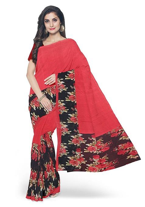 Red Floral Georgette Saree Set