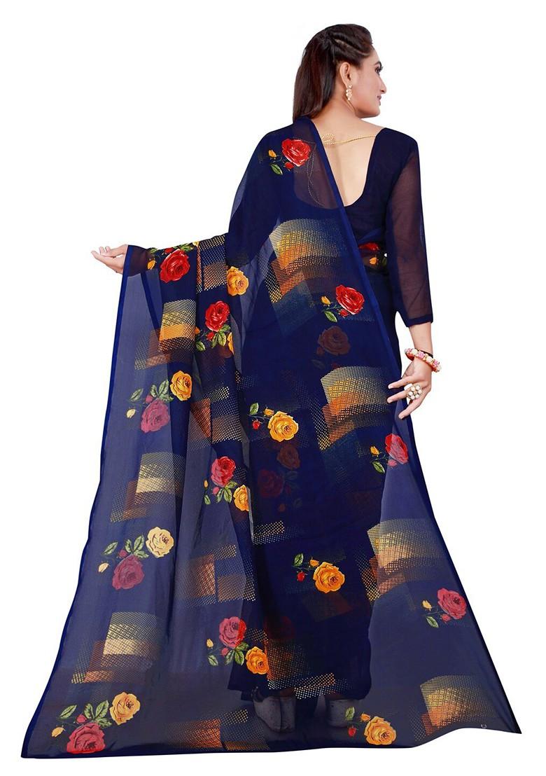 Navy Blue Floral Georgette Saree Set