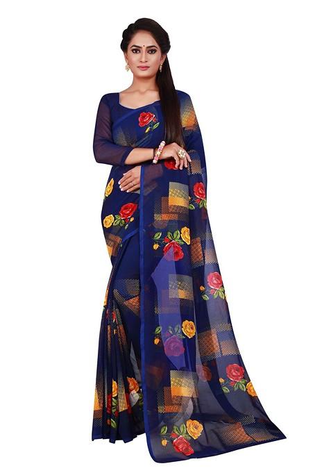 Navy Blue Floral Georgette Saree Set