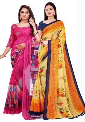 Beige Printed Georgette Saree Set (Set Of 2)