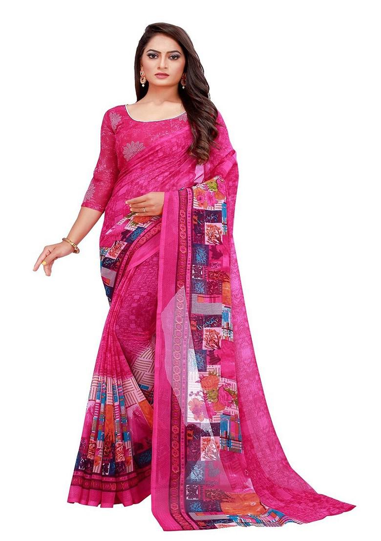 Beige Printed Georgette Saree Set (Set Of 2)