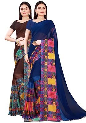 Brown Embroidered Georgette Saree Set