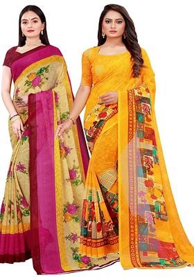 Beige Embroidered Georgette Saree Set (Set Of 2)