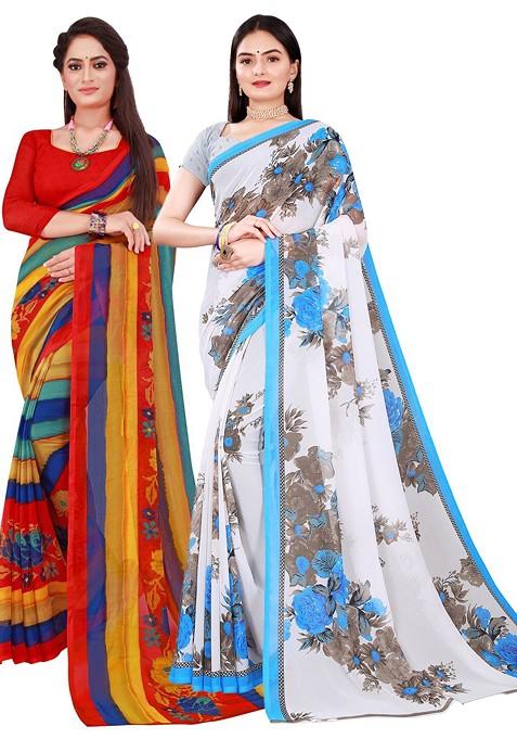 Multi Embroidered Georgette Saree Set ( Set of 2)