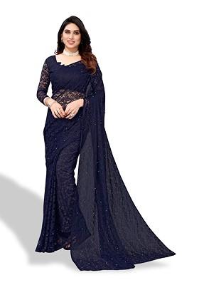 Navy Blue Floral Net Saree Set