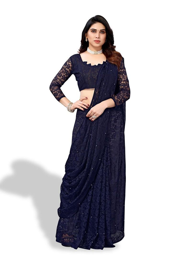 Navy Blue Floral Net Saree Set