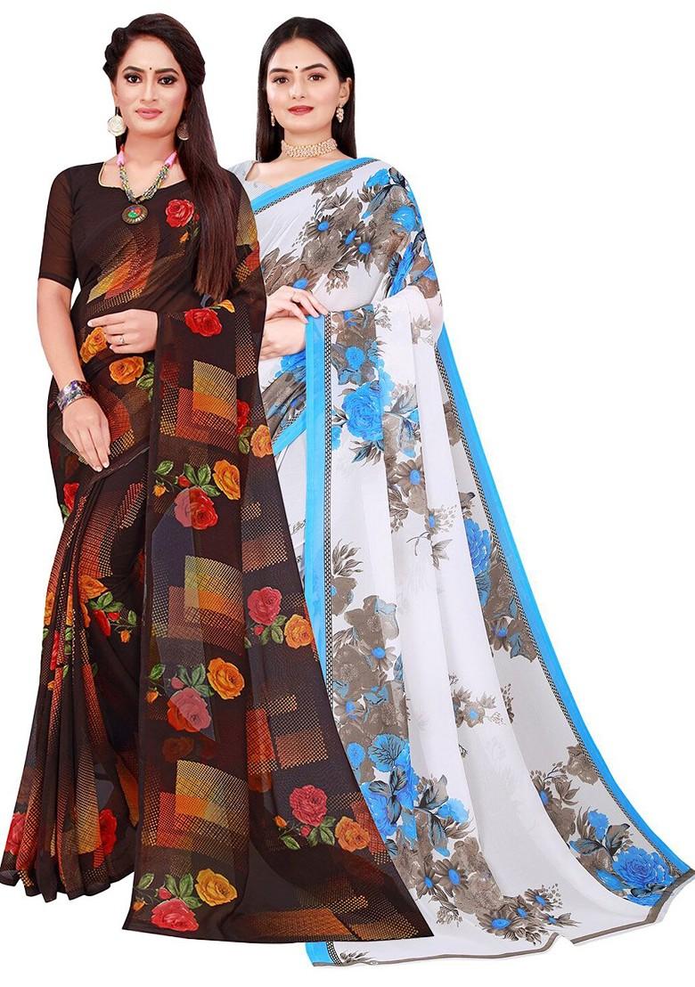 White Floral Georgette Saree Set (Set Of 2)
