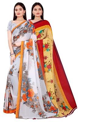 Beige Printed Georgette Saree Set (Set Of 2)